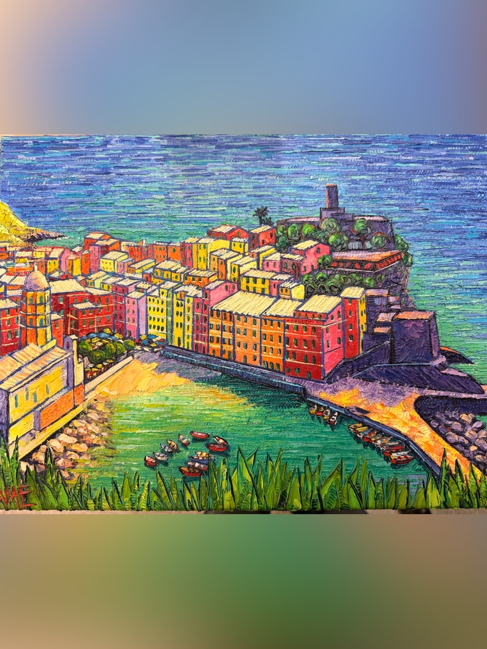 Original Palette Knife Painting of Coastal Village in Italy, Vernazza